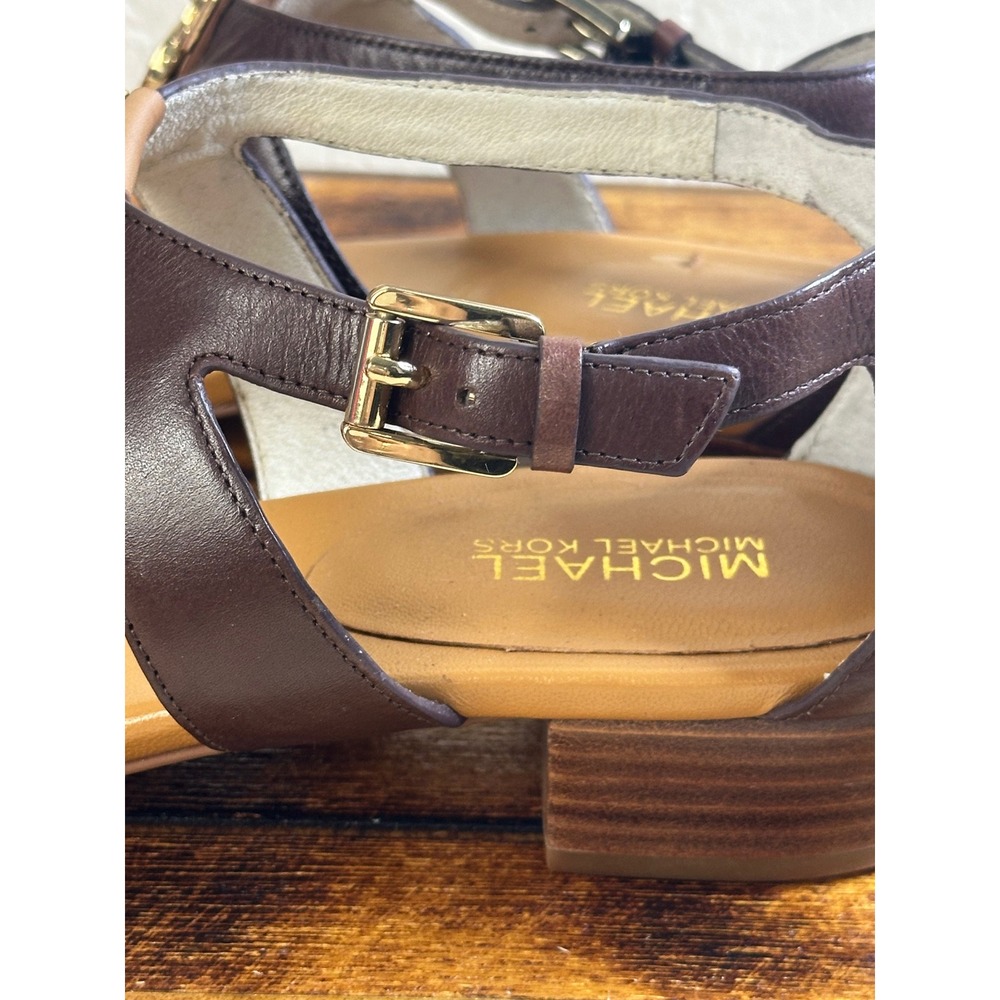 Michael Kors Sandals Women's 10 T-Strap Ankle Buckle Brown Leather Block Heel - Picture 11 of 12
